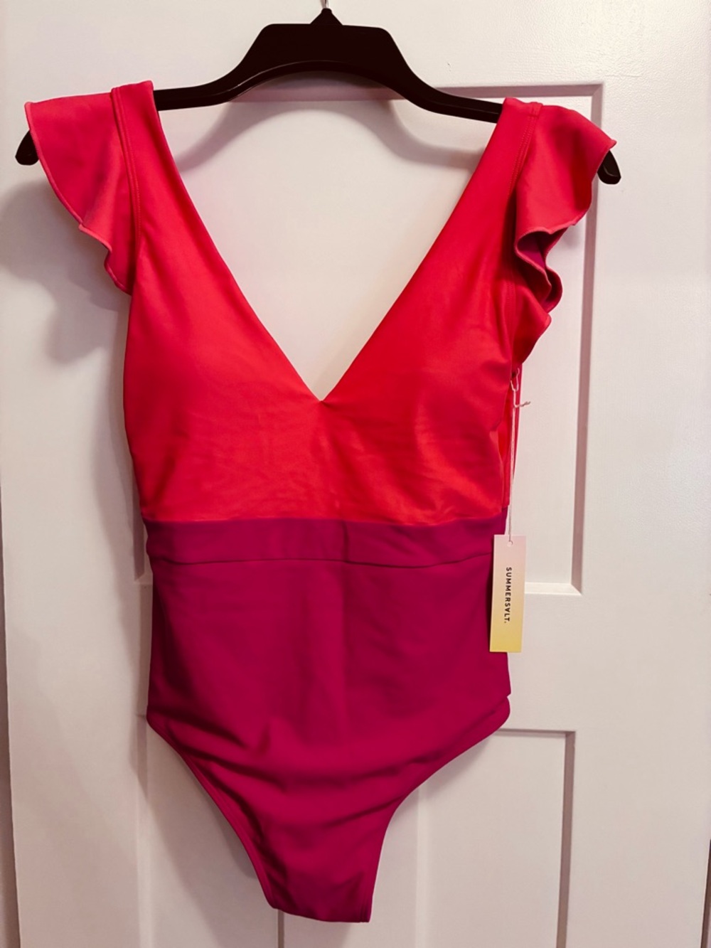 summersalt Two-Tone Red & Pink Flutter Sleeve One-Piece Swimsuit